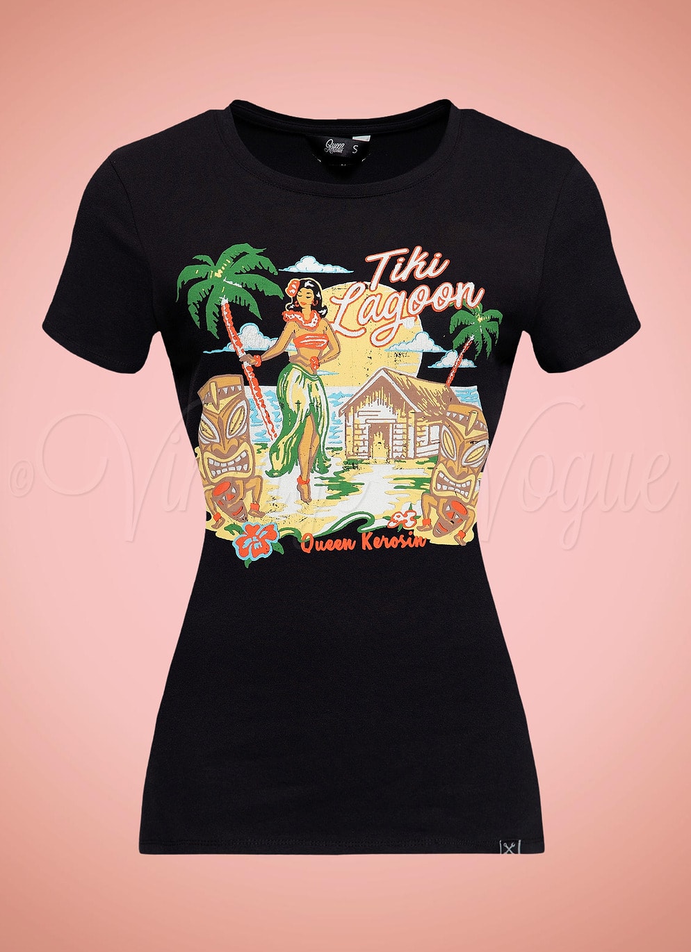 Queen Kerosin 50er Jahre Retro Rockabilly T-Shirt "Tiki Lagoon" in Schwarz