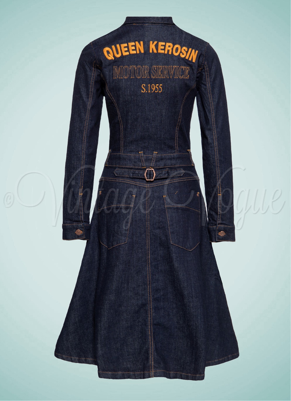Queen Kerosin Retro Rockabilly Workwear Jeans Kleid Queen Swing Dress in Denim Blau QKI26015-700