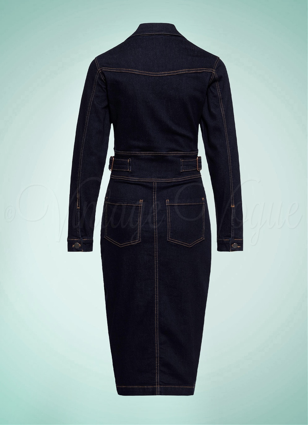 Queen Kerosin Retro Vintage Rockabilly Jeans Bleistift Etui Kleid Workwear Pencil Dress in Denim Blau QKI36003-702