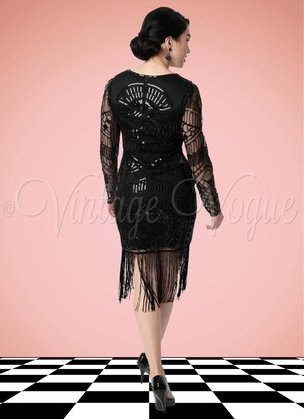 Unique Vintage 20er Jahre Vintage Kleid Flapper Gatsby Charleston Etui Pencil Fransen Pailletten Kleid Fringe Dress in Schwarz