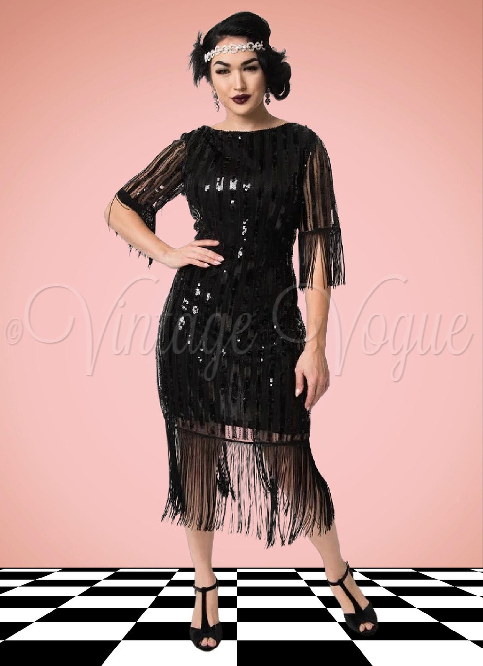 Unique Vintage 20er Jahre Vintage Flapper Gatsby Charleston Etui Pencil Fransen Pailletten Kleid Marcy Dress in Schwarz