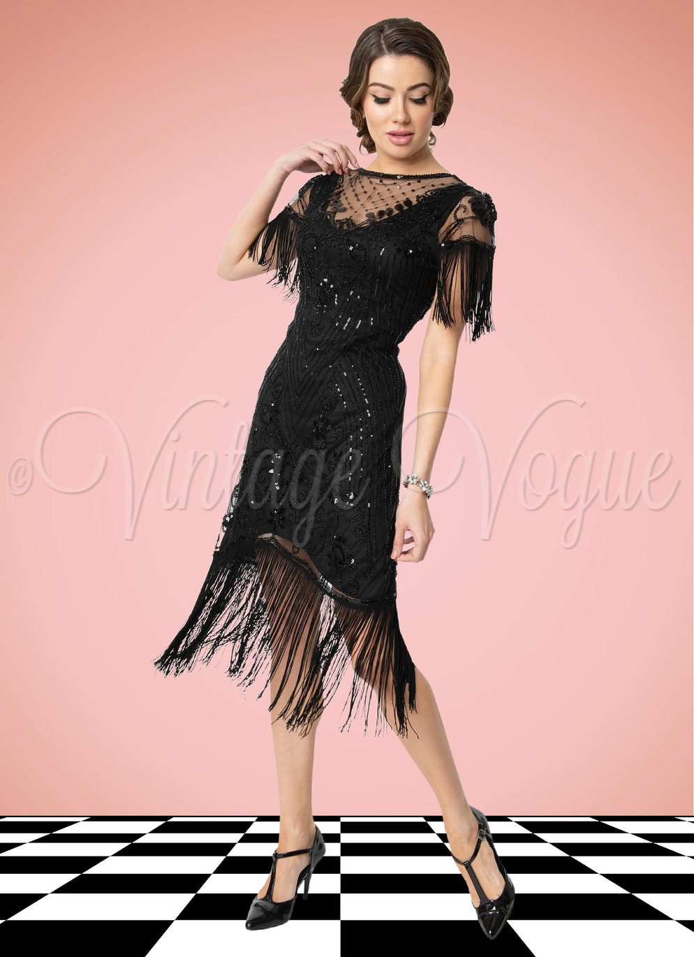 Unique Vintage 20er Jahre Vintage Flapper Gatsby Charleston Etui Pencil Pailletten Fransen Kleid Nadine Dress in Schwarz