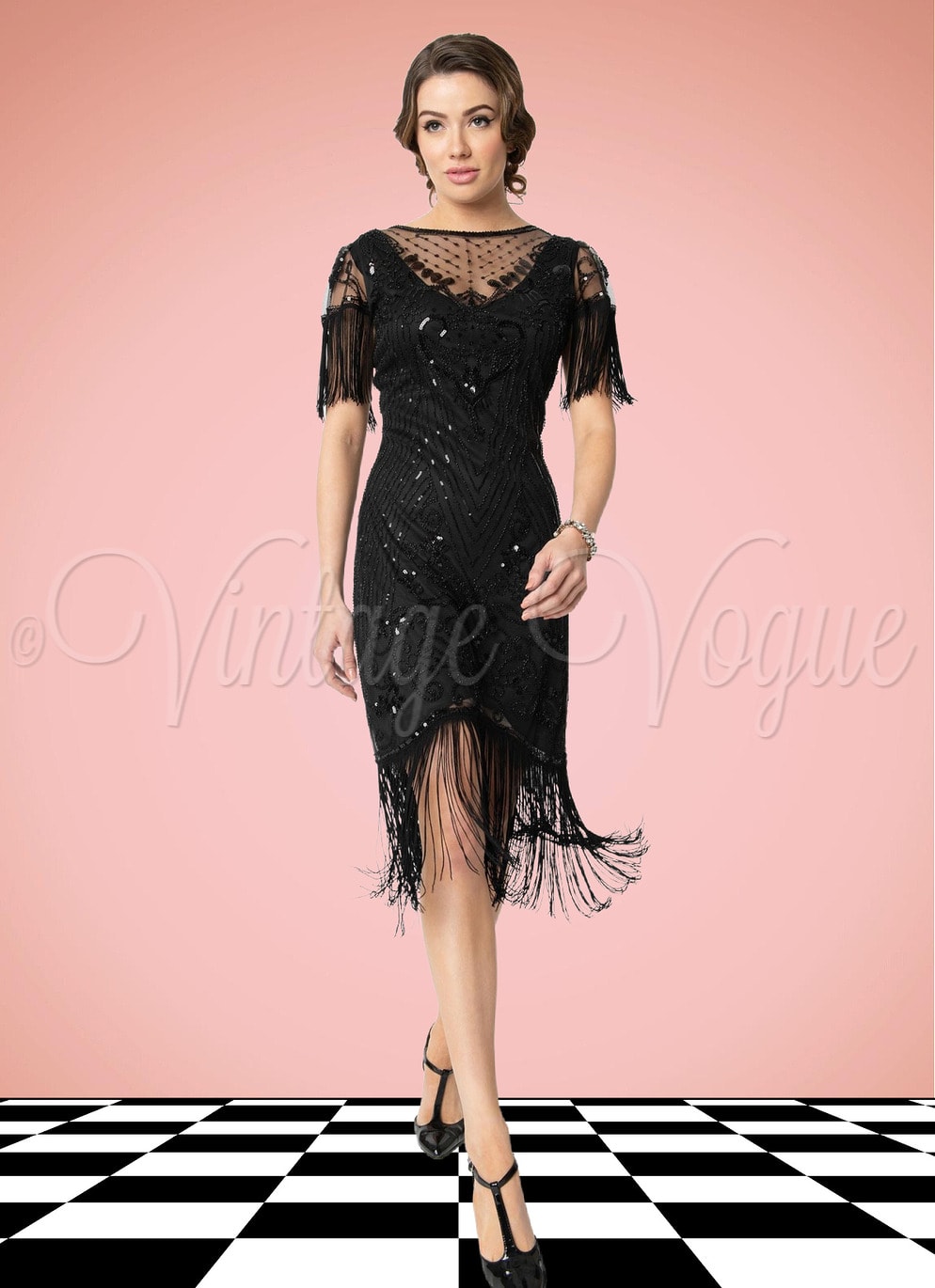 Unique Vintage 20er Jahre Vintage Flapper Gatsby Charleston Etui Pencil Pailletten Fransen Kleid Nadine Dress in Schwarz