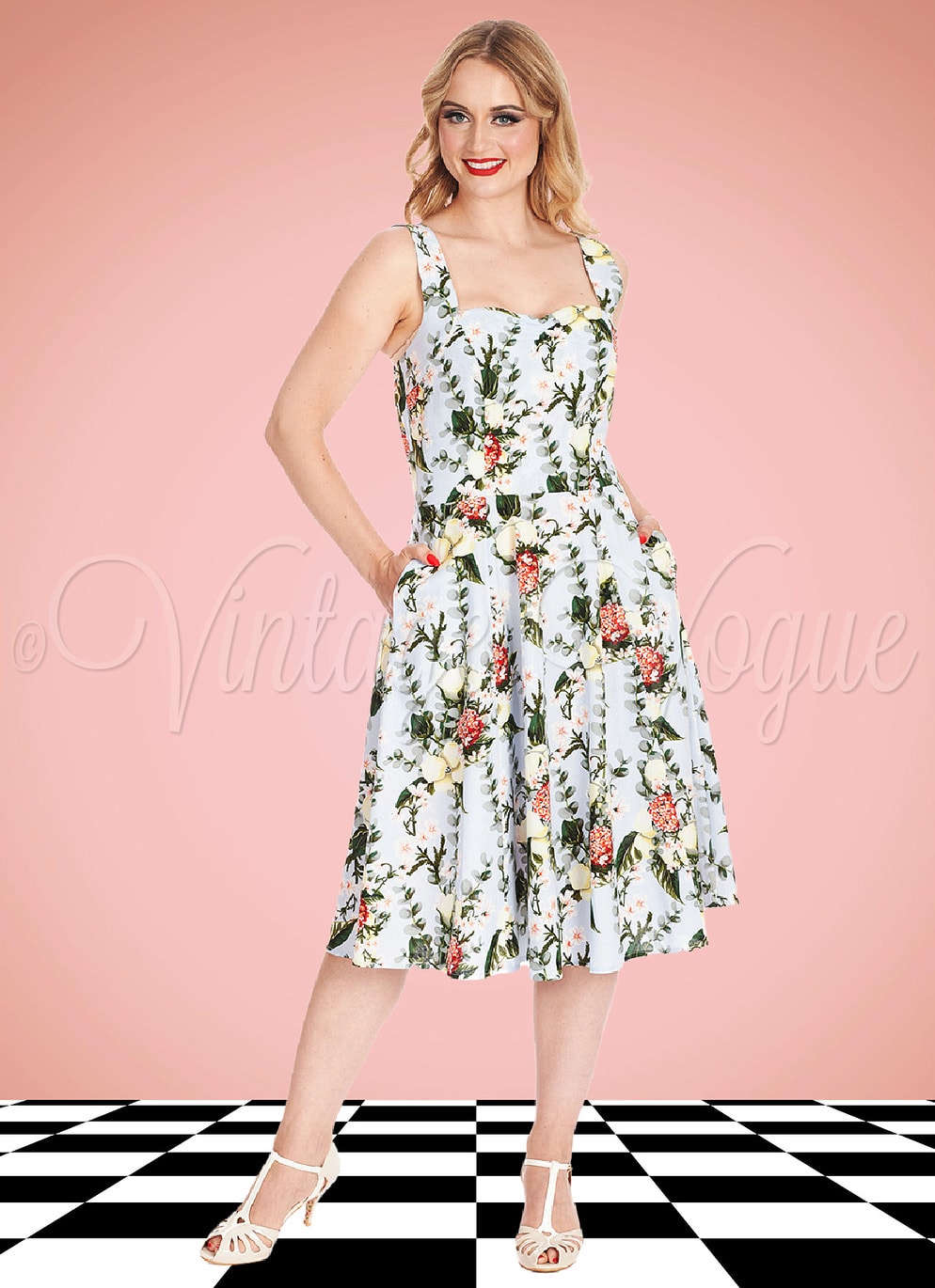 Banned Retro 50's Vintage Pin-Up Floral Kleid Bloom Swing Dress in Hellblau 50er Jahre Petticoat Damenkleid Blumen Rosen Geblümt Hochzeitsgast Sommerkleid