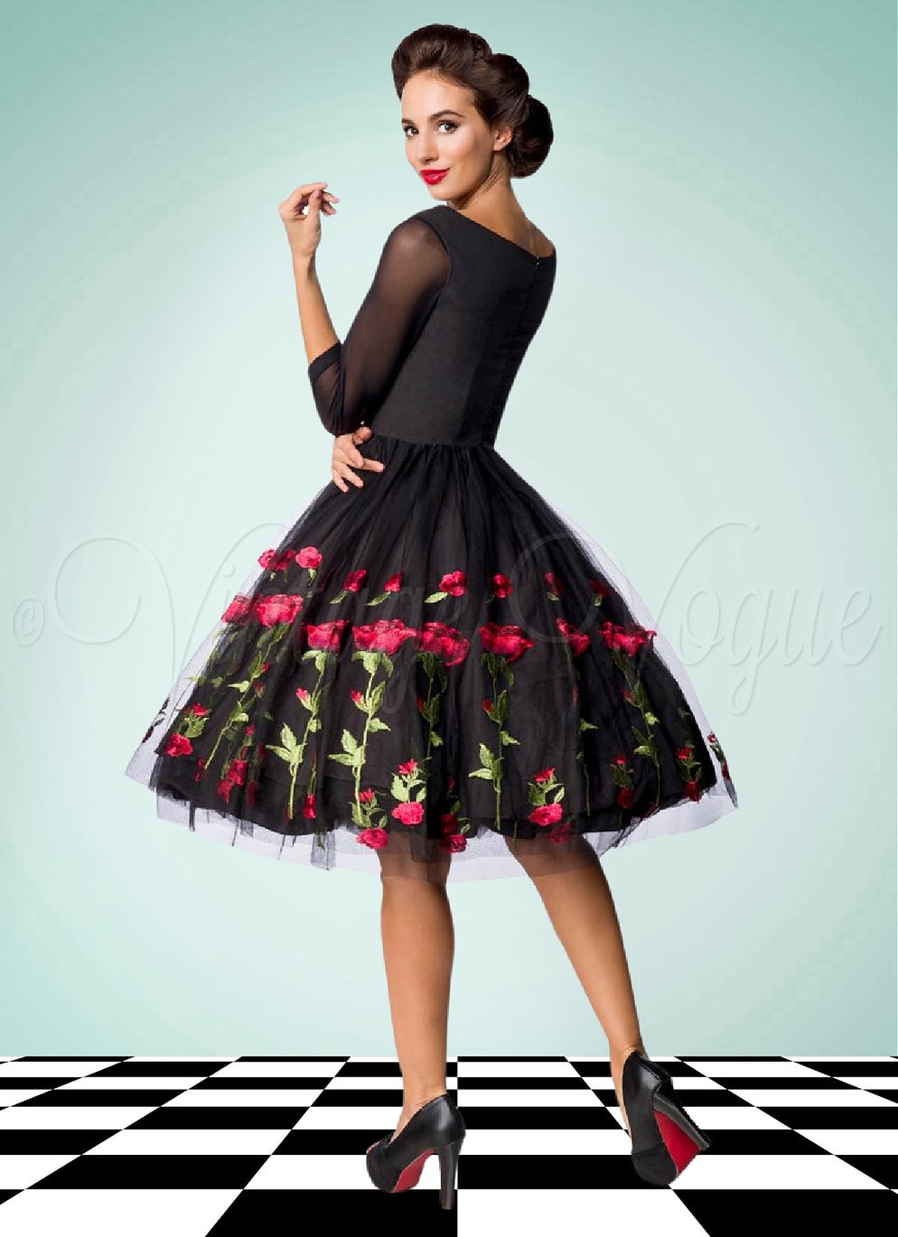 Belsira 50er Jahre Vintage Retro Floral Rosen Tüll Swing Kleid Schwarz Rot Petticoat Damen Damenkleid elegant Abendkleid Floral geblümt Rosen Blumen Mesh Tüll Spitze