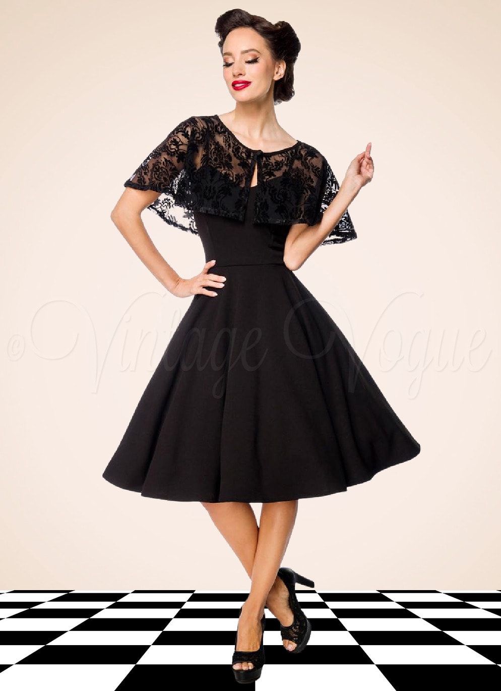 Belsira 50er Jahre Vintage Retro Swing Kleid mit Mesh Spitzen Cape in Schwarz Petticoat Damen Damenkleid Spitzenkleid elegant Abendkleid festlich