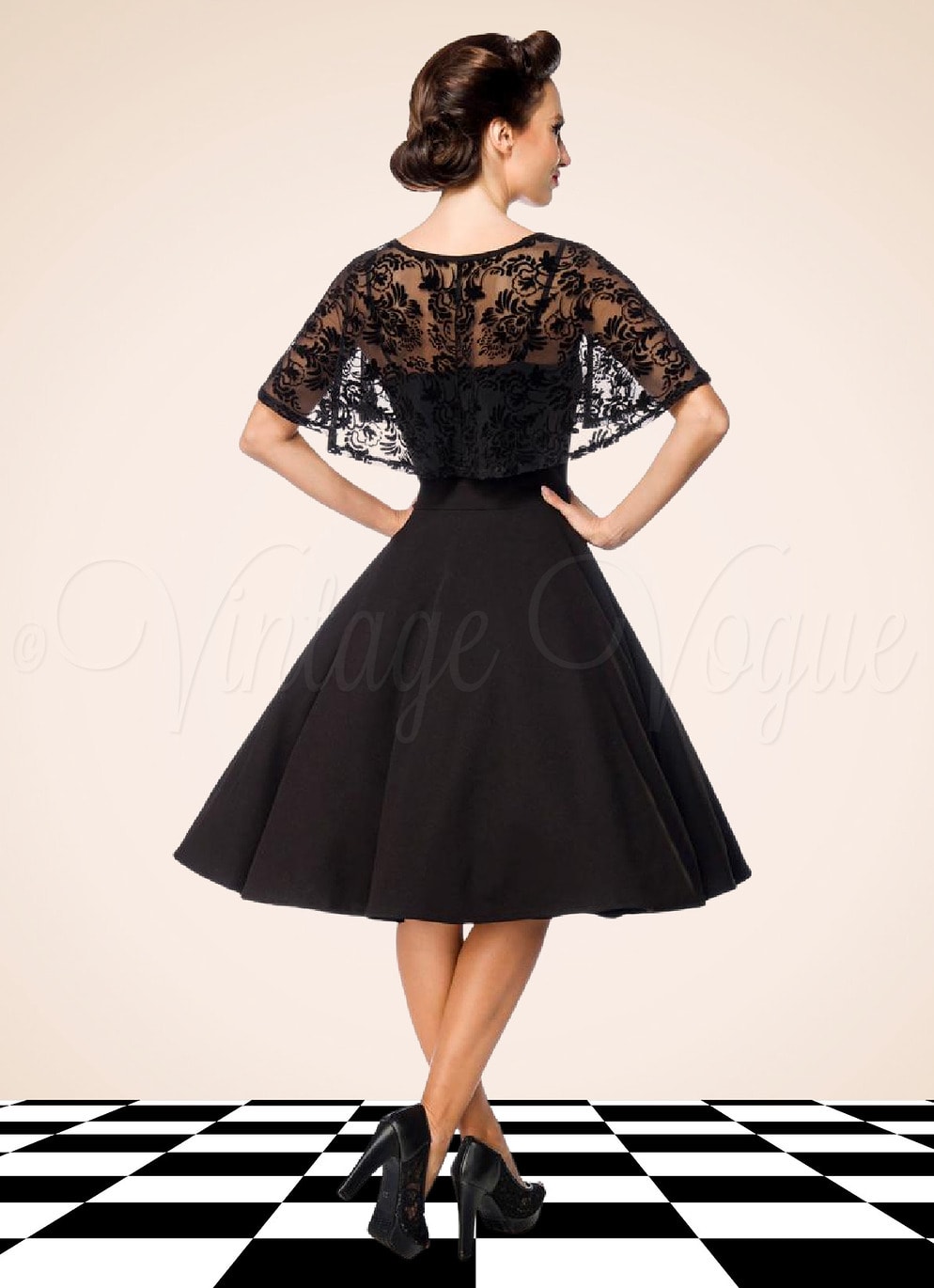 Belsira 50er Jahre Vintage Retro Swing Kleid mit Mesh Spitzen Cape in Schwarz Petticoat Damen Damenkleid Spitzenkleid elegant Abendkleid festlich