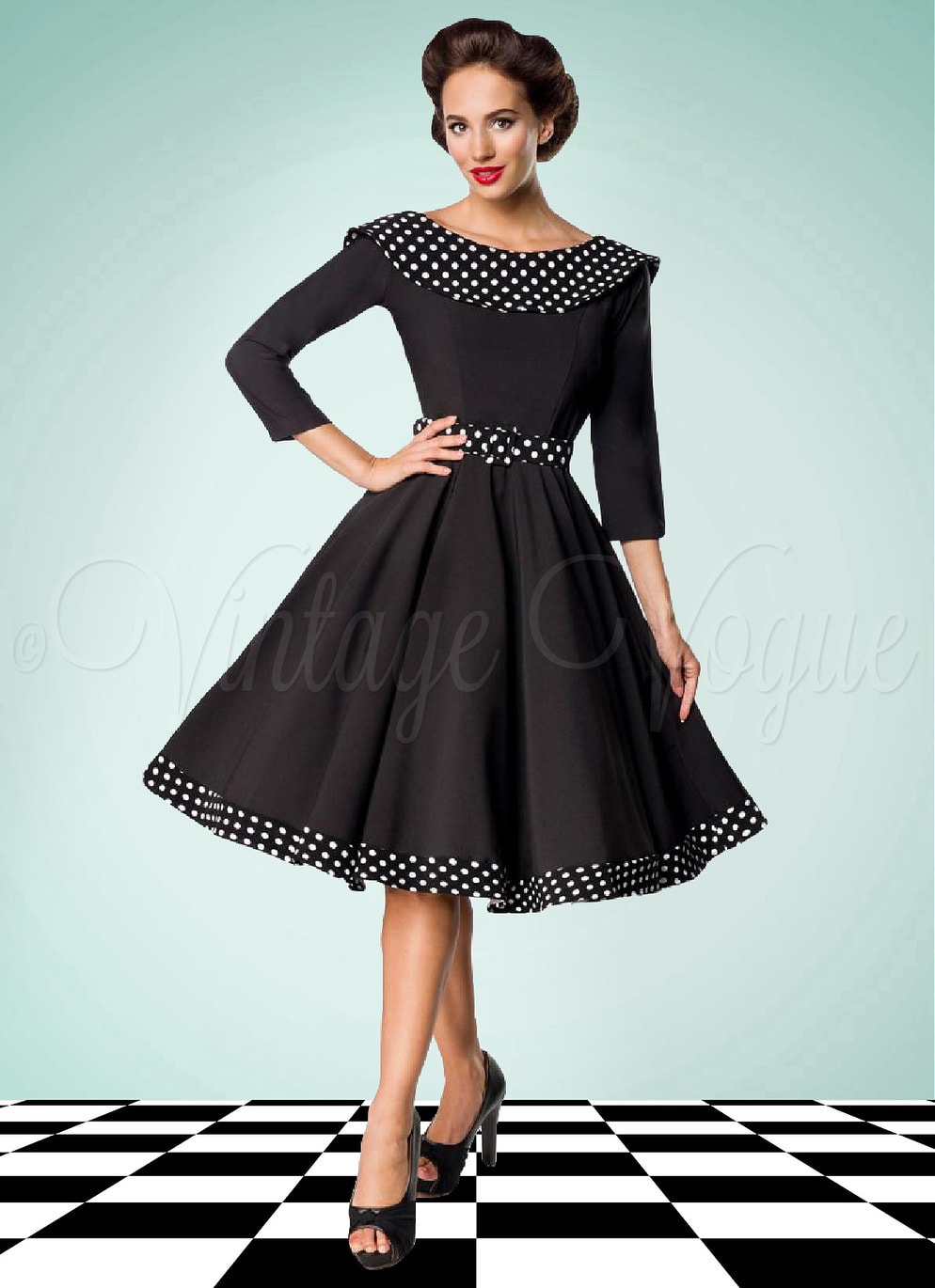 Belsira 50er Jahre Vintage Retro Swing Kleid mit Polka Punkte in Schwarz Petticoat Damen Damenkleid Winterkleid elegant Langarm lange Ärmel Abendkleid Dots gepunktet tupfen