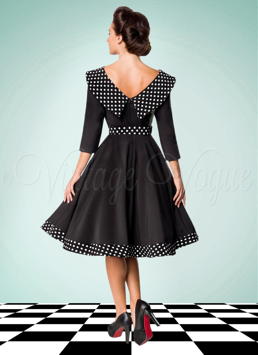 Belsira 50er Jahre Vintage Retro Swing Kleid mit Polka Punkte in Schwarz Petticoat Damen Damenkleid Winterkleid elegant Langarm lange Ärmel Abendkleid Dots gepunktet tupfen