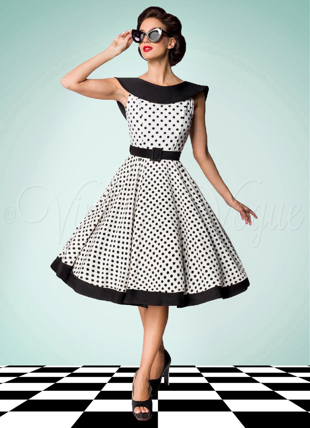 Belsira 50er Jahre Vintage Retro Swing Kleid mit Polka Punkte in Schwarz Weiß Petticoat Damen Damenkleid Rockabilly elegant Abendkleid Dots gepunktet tupfen Jive Lindy Hop