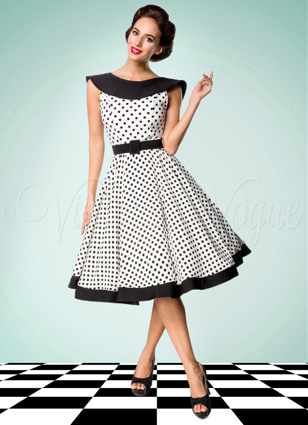 Belsira 50er Jahre Vintage Retro Swing Kleid mit Polka Punkte in Schwarz Weiß Petticoat Damen Damenkleid Rockabilly elegant Abendkleid Dots gepunktet tupfen Jive Lindy Hop
