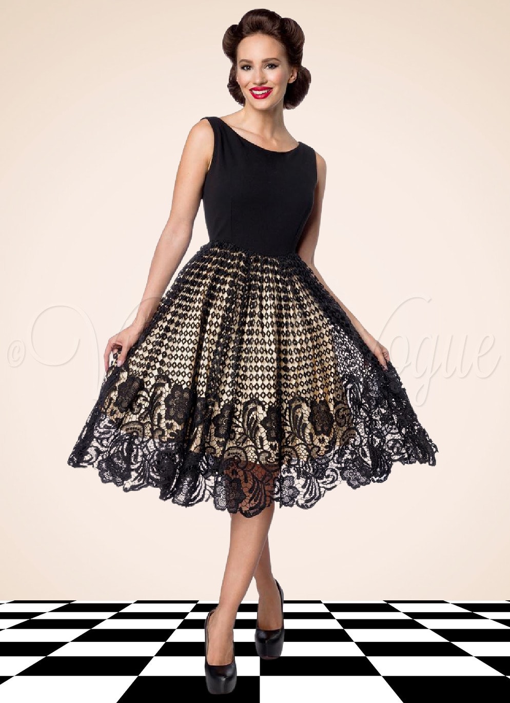 Belsira 50er Jahre Vintage Retro Swing Spitzen Kleid in Schwarz & Creme Petticoat Damen Damenkleid Spitzenkleid Winterkleid elegant Abendkleid festlich Gothic