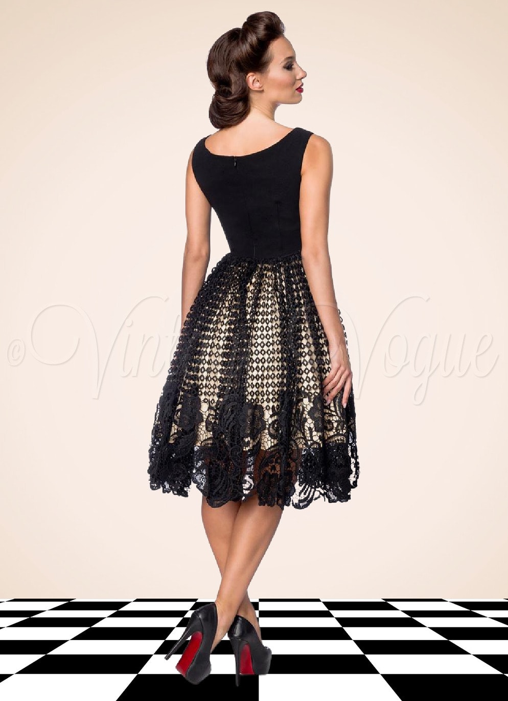 Belsira 50er Jahre Vintage Retro Swing Spitzen Kleid in Schwarz & Creme Petticoat Damen Damenkleid Spitzenkleid Winterkleid elegant Abendkleid festlich Gothic