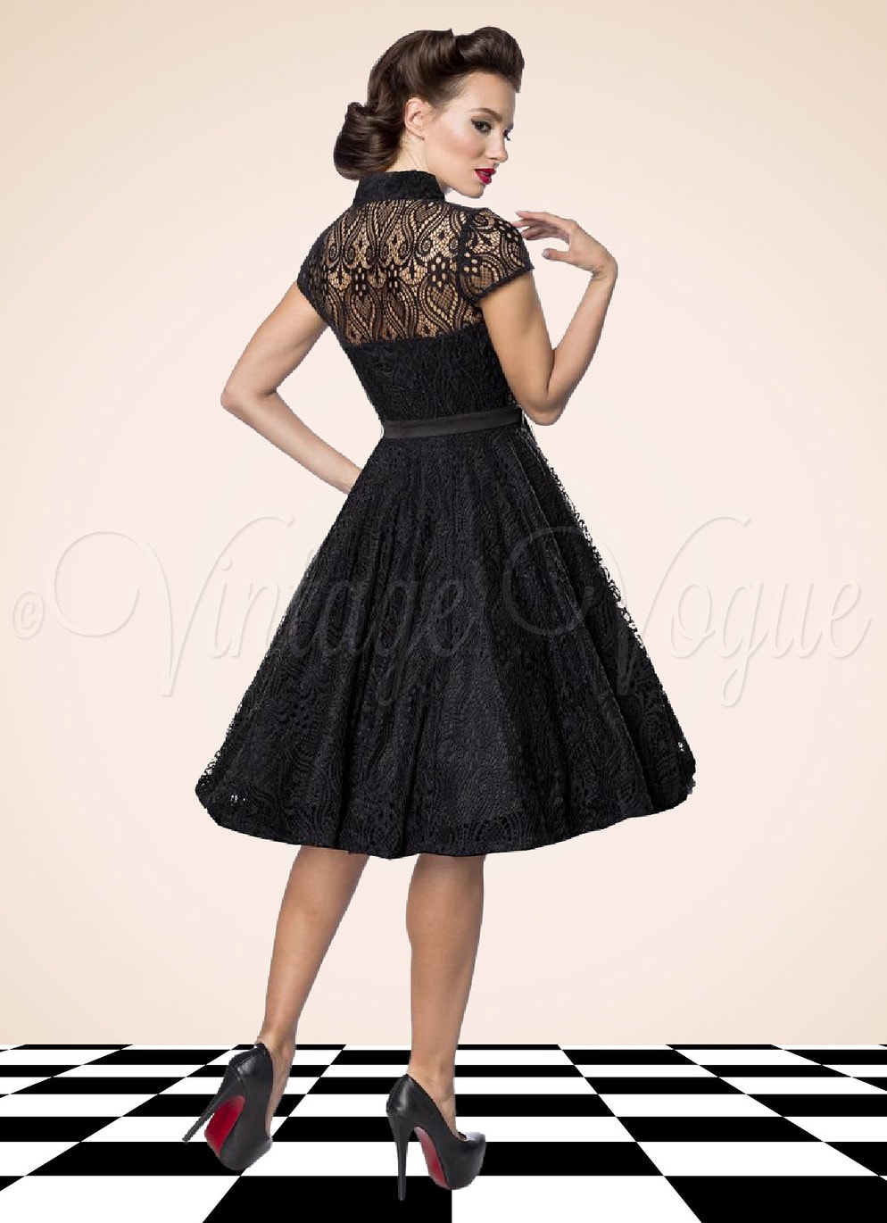 Belsira 50er Jahre Vintage Retro Swing Spitzen Kleid in Schwarz Petticoat Damen Damenkleid Spitzenkleid Winterkleid elegant Abendkleid festlich