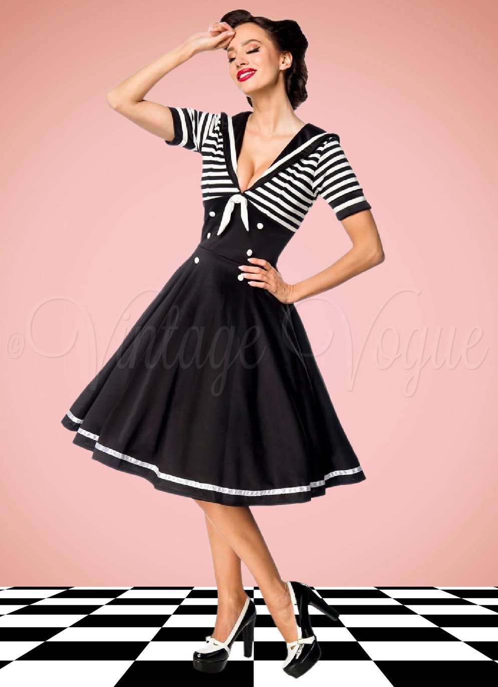 Belsira 50's Retro Matrosen Pin-Up Swing Kleid mit Streifen Muster in Schwarz Weiß Petticoat Damen Damenkleid Maritim Sailor