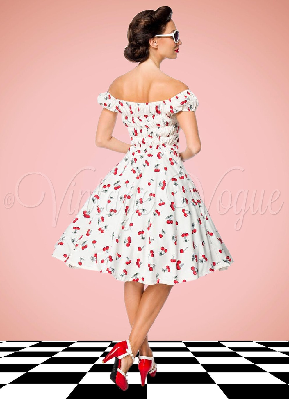 Belsira 50's Retro Rockabilly Pin-Up Swing Kleid mit Kirschen Muster in Weiß Petticoat Damen Damenkleid Cherry Jive Lindy Hop Mottoparty Rock n Roll