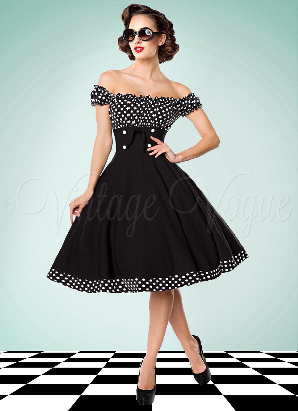 Belsira 50's Retro Rockabilly Pin-Up Swing Kleid mit Polka Dots Muster in Schwarz Weiß Petticoat Damen Damenkleid Punkte gepunktet tupfen Jive Lindy Hop Mottoparty Rock n Roll