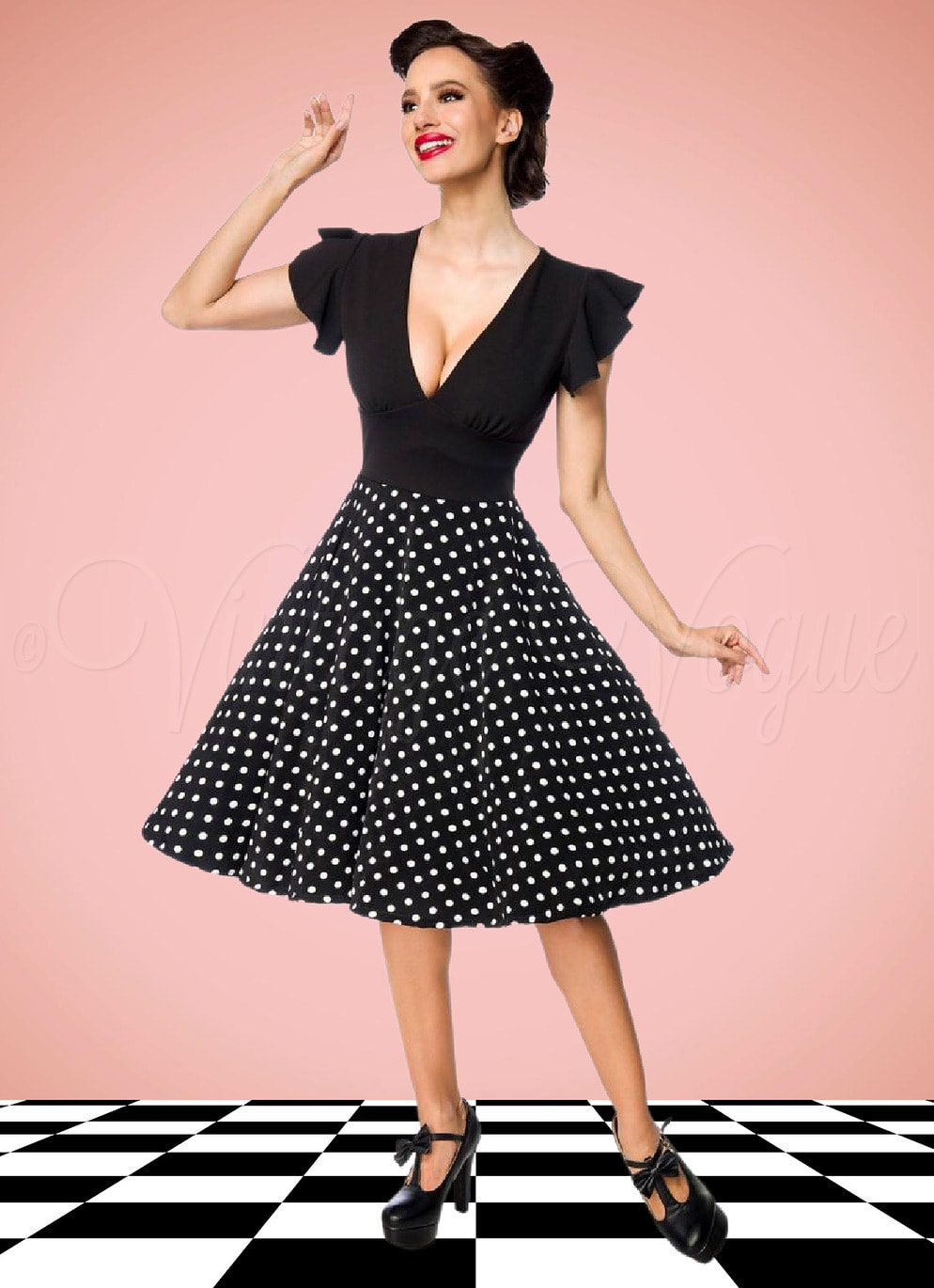 Belsira 50's Retro Rockabilly Pin-Up Swing Kleid mit Polka Dots Punkte in Schwarz Weiß Petticoat Damen Damenkleid gepunktet tupfen Jive Lindy Hop Mottoparty Rock n Roll