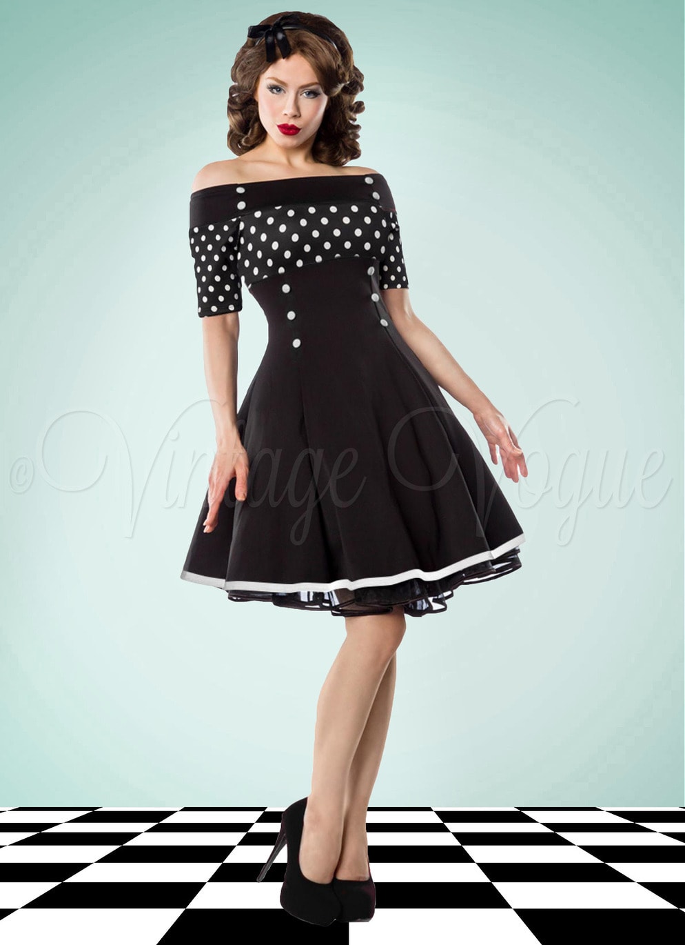 Belsira 50's Retro Rockabilly Swing Kleid mit Polka Dots Punkte in Schwarz 50er Jahre Petticoat Damenkleid Jive Lindy Hop gepunktet tupfen