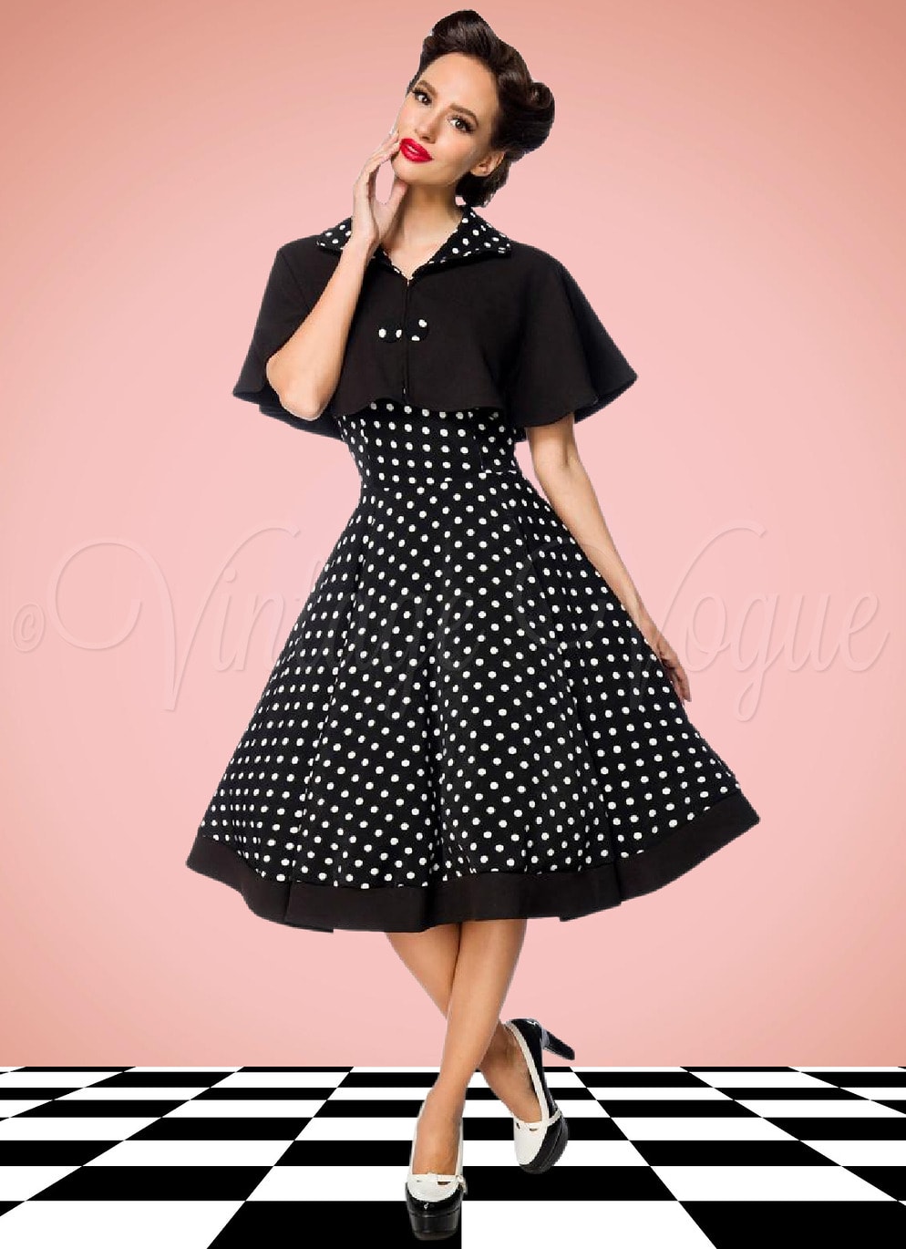 Belsira 50's Retro Vintage Swing Kleid mit Polka Dots Punkte Cape in Schwarz Weiß Petticoat Damen Damenkleid Punkte gepunktet tupfen Jive Lindy Hop Mottoparty Rock n Roll