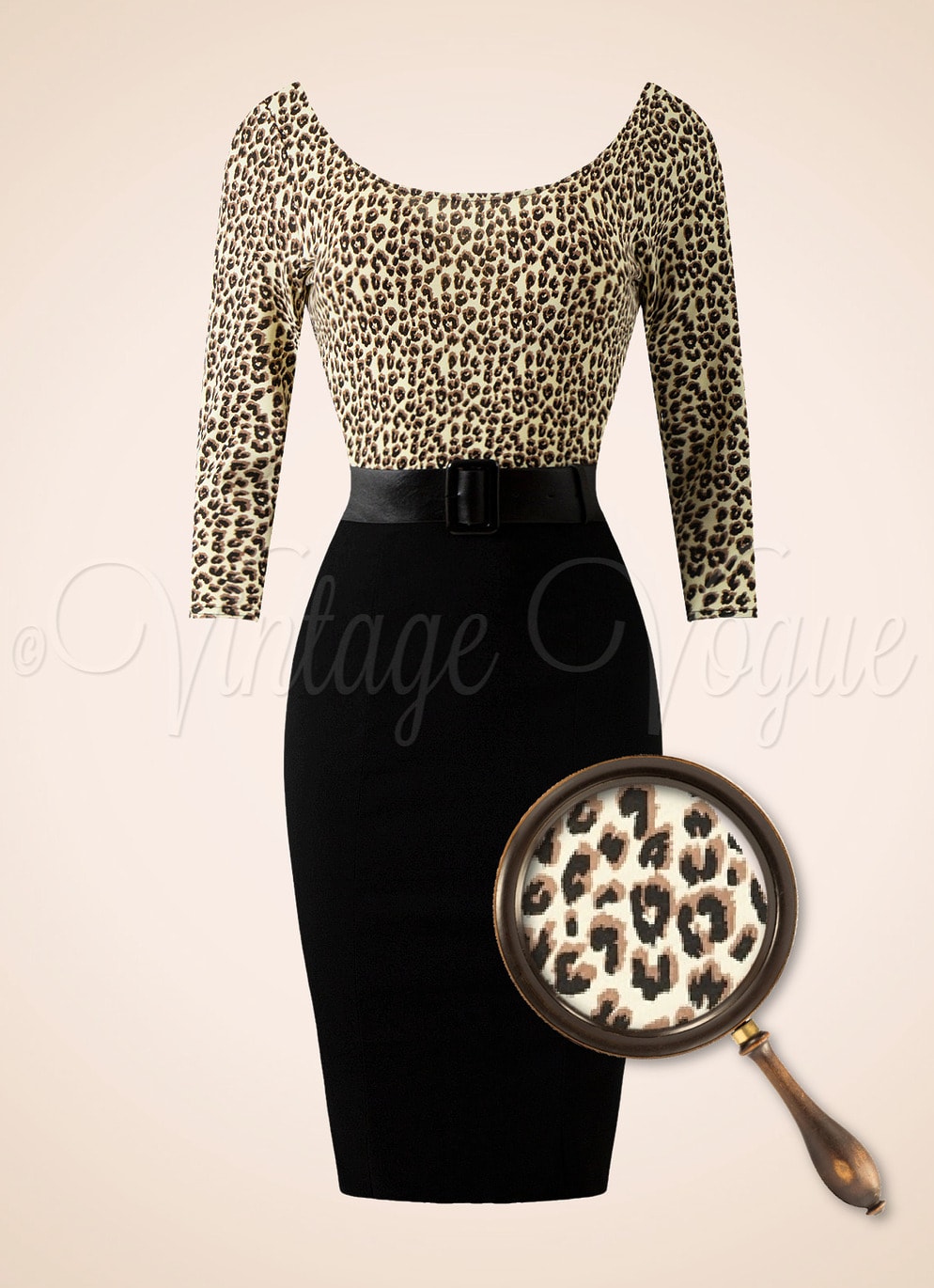 Collectif 50's Vintage Rockabilly Bleistift Kleid Manuela Leopard Muster Pencil Dress in Schwarz 50er Jahre Damenkleid Wiggle Büro Office Business