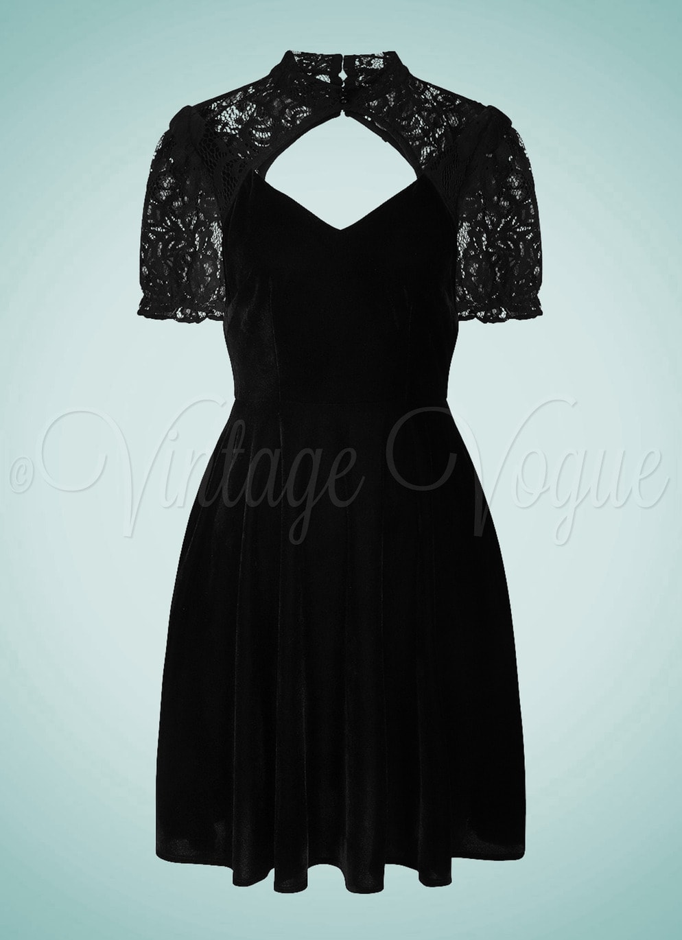 Collectif Vintage Gothic Samt Swing Mini Kleid Stacey Skater Dress in Schwarz Damenkleid Spitze Spitzenkleid Gothic Goth Elegant Abendkleid