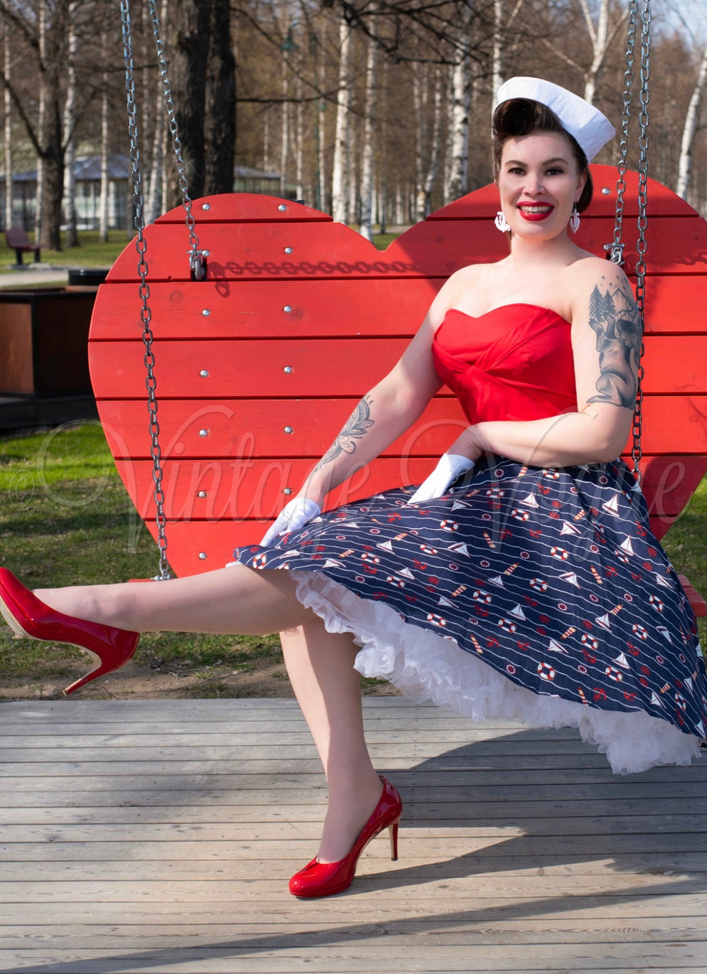 Dolly and Dotty 50's Retro Pin-Up Maritim Swing Kleid Melissa Nautical in Navy & Rot Petticoat Damenkleid Jive Lindy Hop Mottoparty Sommerkleid