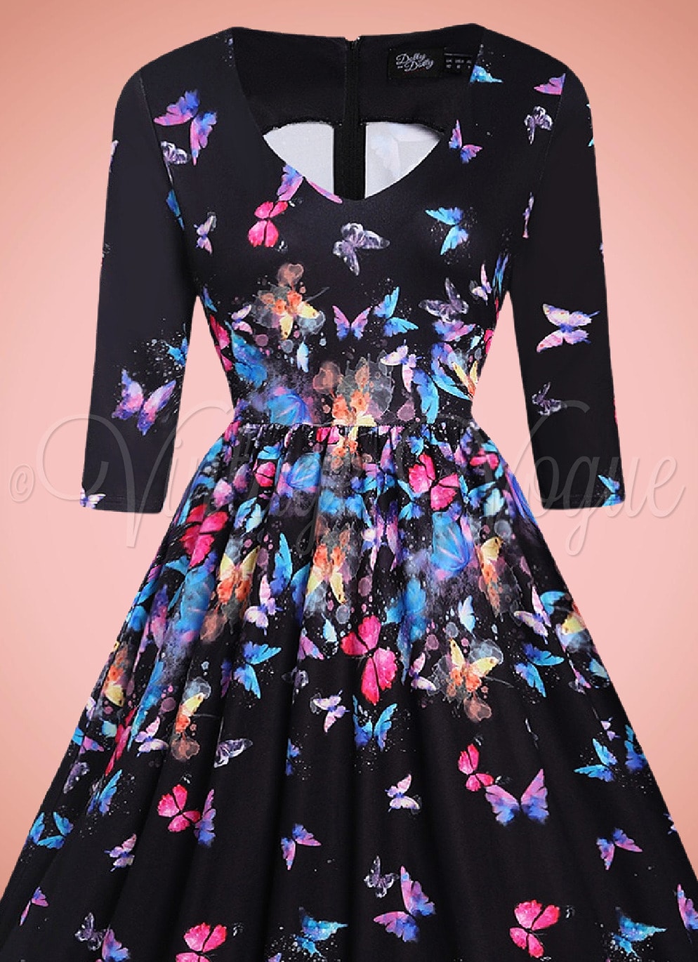 Dolly and Dotty 50's Vintage Schmetterlinge Swing Kleid Billie Butterfly in Schwarz Bunt 50er Jahre Petticoat Damenkleid Geblümt Sommerkleid Hochzeitsgast