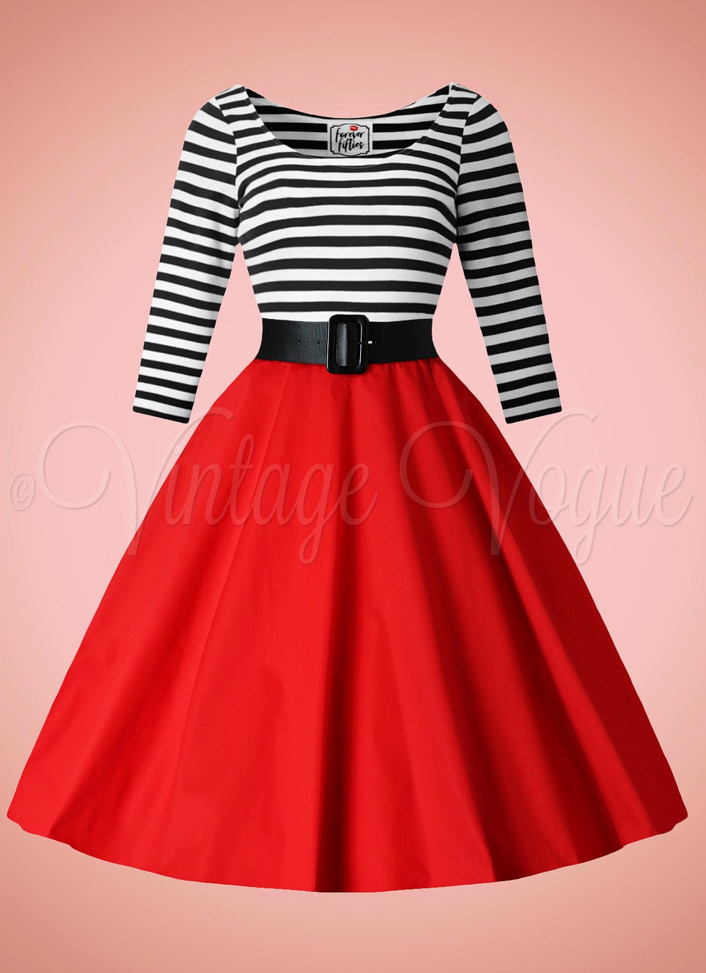 Forever Fifties 50's Retro Rockabilly Swing Kleid Alice Stripes Dress in Rot Schwarz Weiß 50er Jahre Petticoat Damenkleid Swing Jive Lindy Hop gestreift