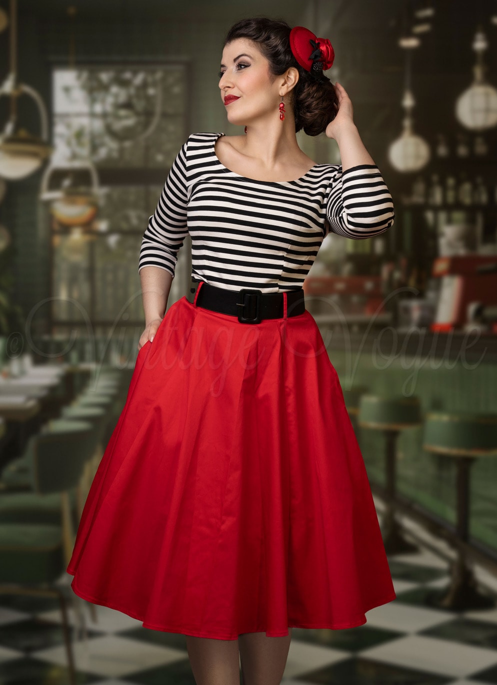 Forever Fifties 50's Retro Rockabilly Swing Kleid Alice Stripes Dress in Rot Schwarz Weiß 50er Jahre Petticoat Damenkleid Swing Jive Lindy Hop gestreift