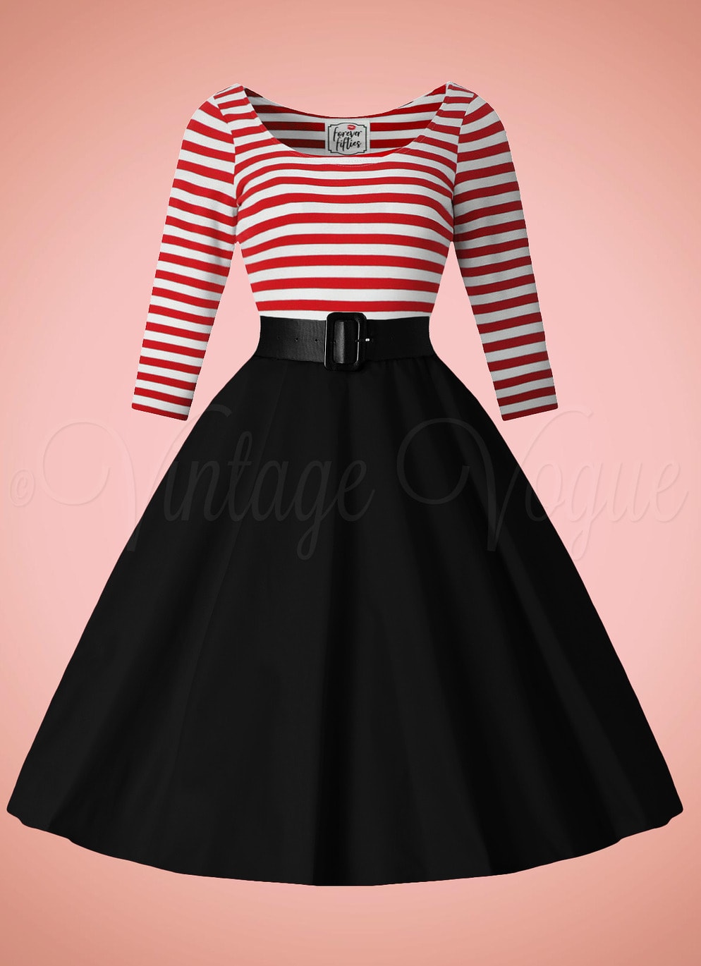 Forever Fifties 50's Retro Rockabilly Swing Kleid Alice Stripes Dress in Rot Weiß & Schwarz 50er Jahre Petticoat Damenkleid Swing Jive Lindy Hop gestreift