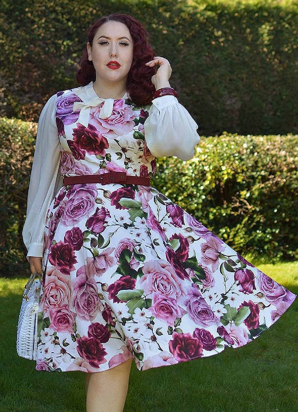 Hearts and Roses 50's Retro Vintage Kleid Alice Floral Swing Dress in Creme & Lila 50er Jahre Petticoat Damenkleid Blumen Rosen Geblümt Hochzeitsgast Sommerkleid