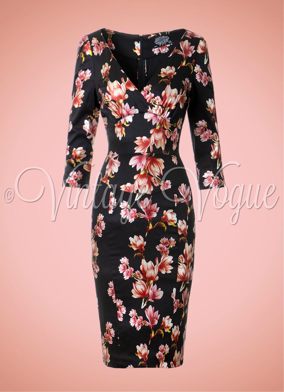 Hearts and Roses 50's Vintage Floral Etui Kleid Metallic Magnolia Pencil Dress in Schwarz Pencil Wiggle Damenkleid