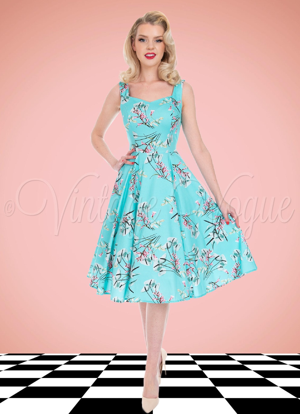 Hearts and Roses 50's Vintage Retro Kleid Sandra Floral Swing Dress in Blau 50er Jahre Petticoat Damenkleid Blumen Rosen Geblümt Hochzeitsgast Sommerkleid
