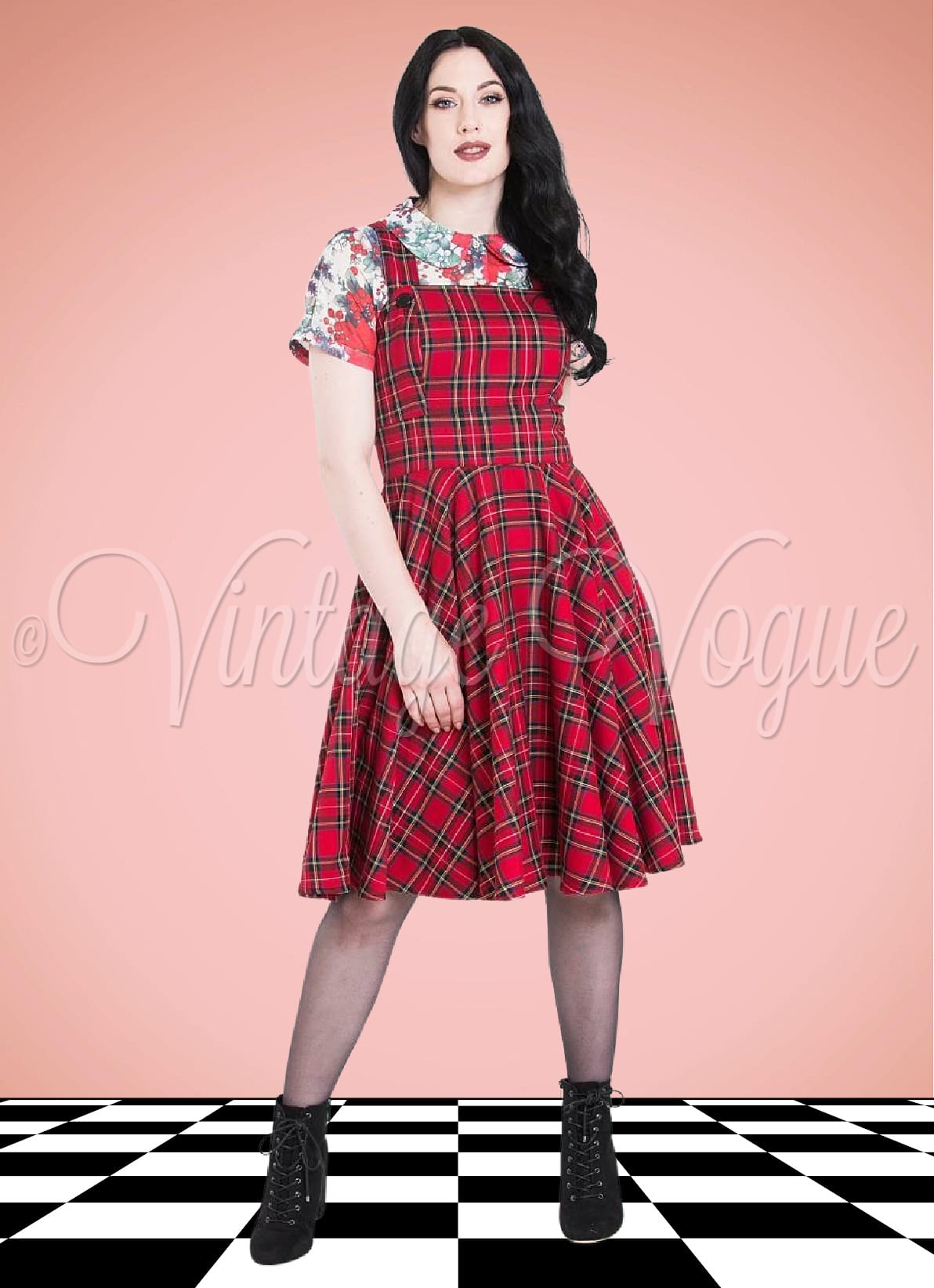 Hell Bunny 50 s Vintage Retro Tartan Karo Kleid Irvine Pinafore Dress in Rot Vintage Vogue