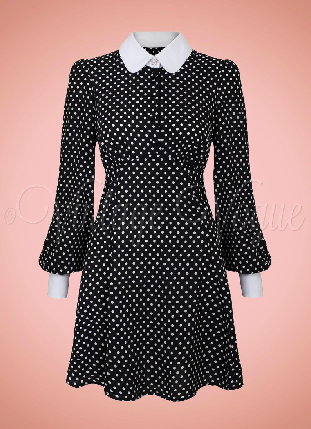 Hell Bunny 60er Jahre Retro Punkte Mini Kleid Naomi Dress in Schwarz Weiß Damenkleid Blusenkleid Büro Office Business Punkte gepunktet