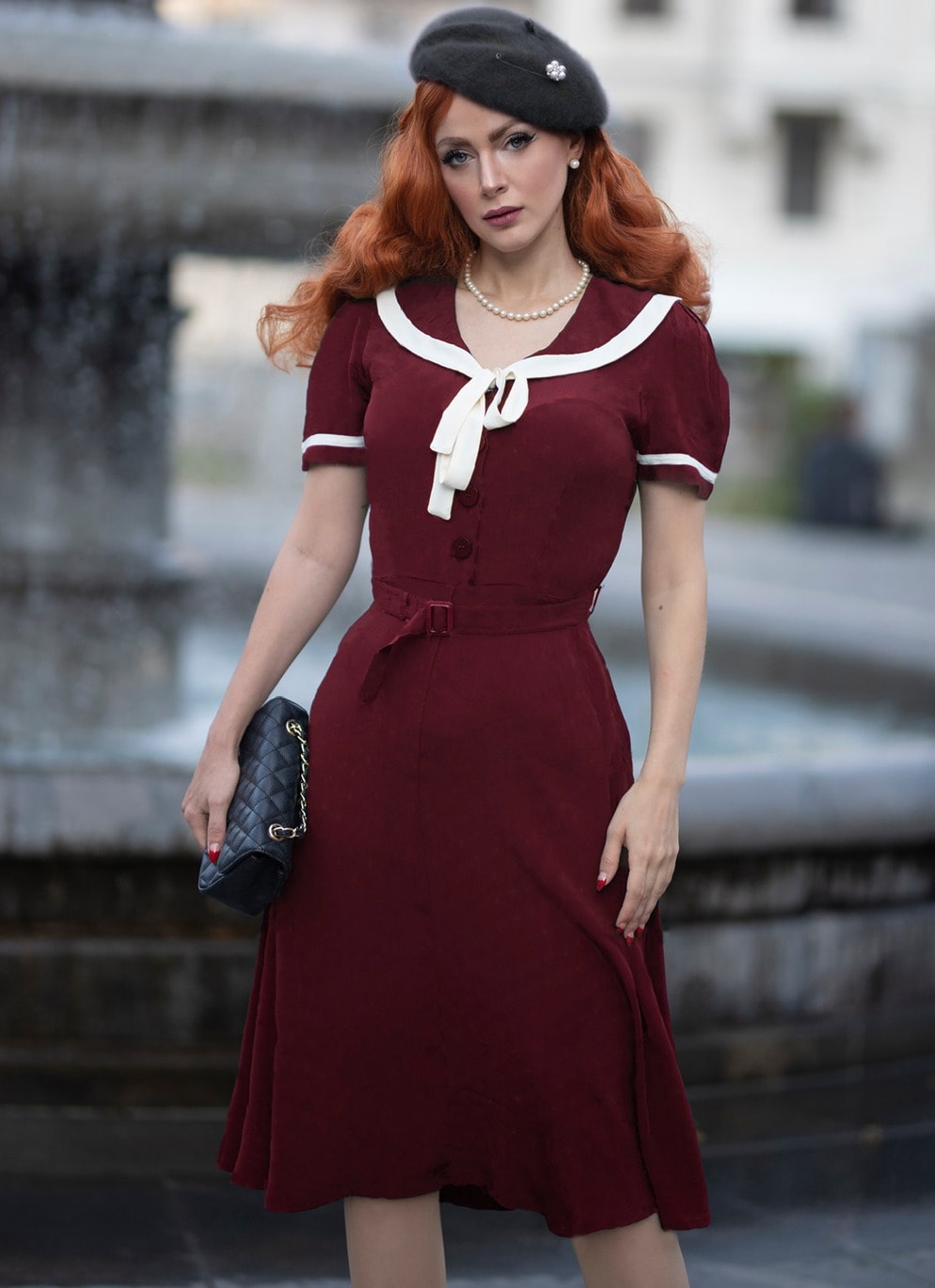 Bloomsbury 40's Vintage Retro A-Linie Swing Kleid "Patty Sailor Dress" in Weinrot 40er Jahre A-Linie ausgestelltes Damenkleid Elegant Stilvoll Büro Office Business