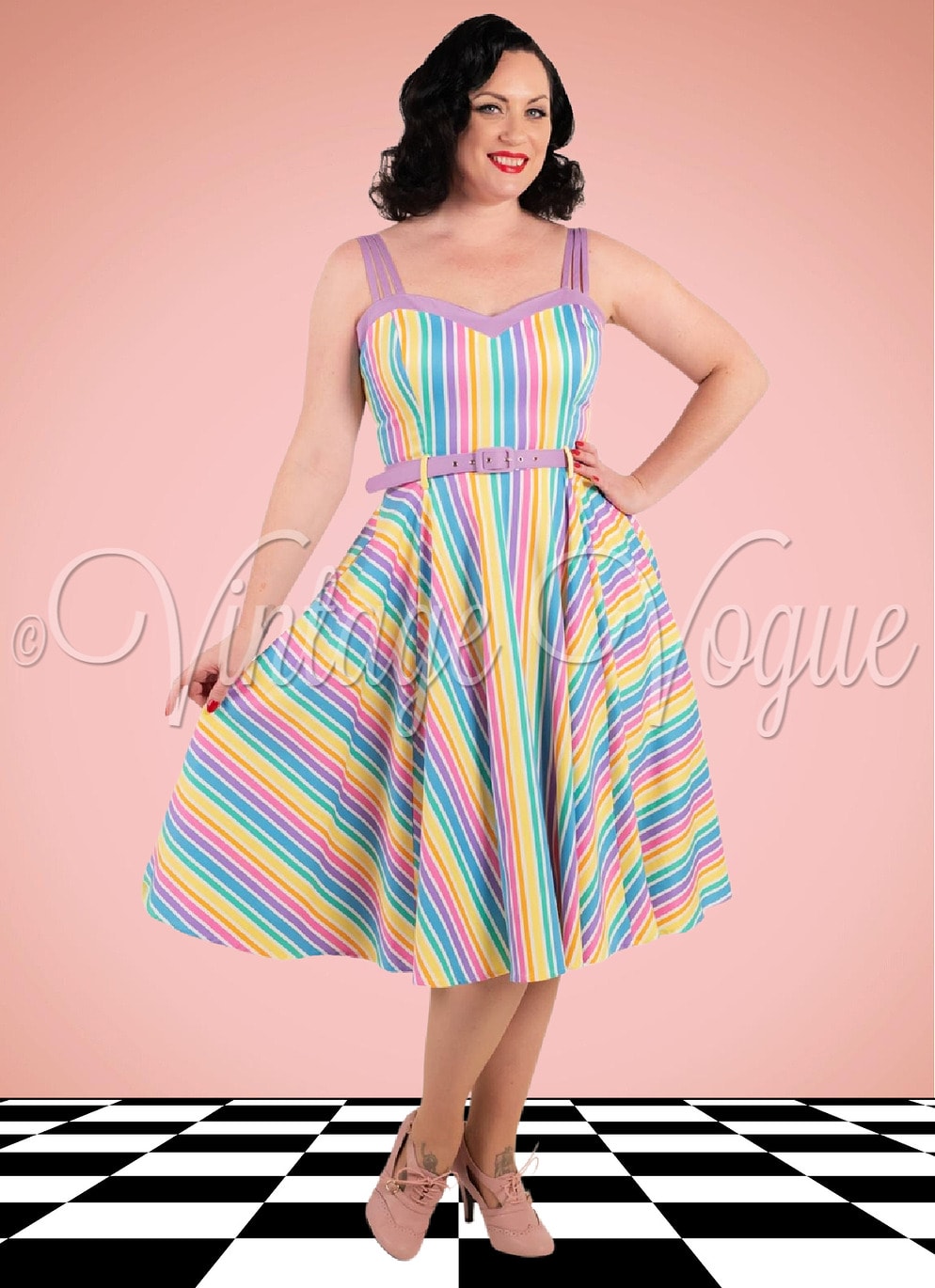 Collectif 50's Retro Regenbogen Streifen Swing Kleid Nova Rainbow Stripes Dress in Bunt 50er Jahre Petticoat Damenkleid Swing Damen Sommerkleid Streifen gestreift