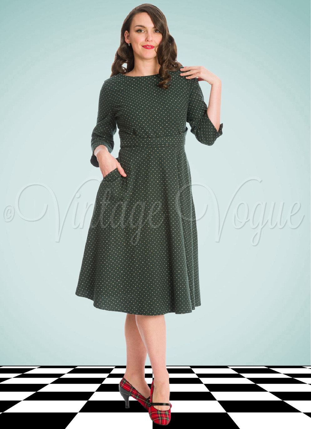 Banned Retro 50's Vintage Polka Punkte Swing Winter Kleid Cosy Spot Dress in Grün 50er Jahre Petticoat Langarm Damenkleid Punkte Polka Dots gepunktet tupfen