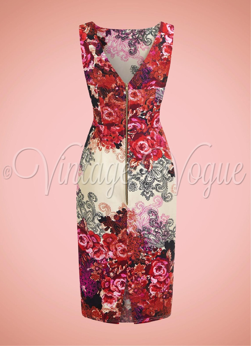 Lady Vintage 50's Retro Floral Pencil Etui Kleid Venus Rose Border Dress in Rot 50er Jahre Damenkleid Blumen Rosen Geblümt Hochzeitsgast Sommerkleid