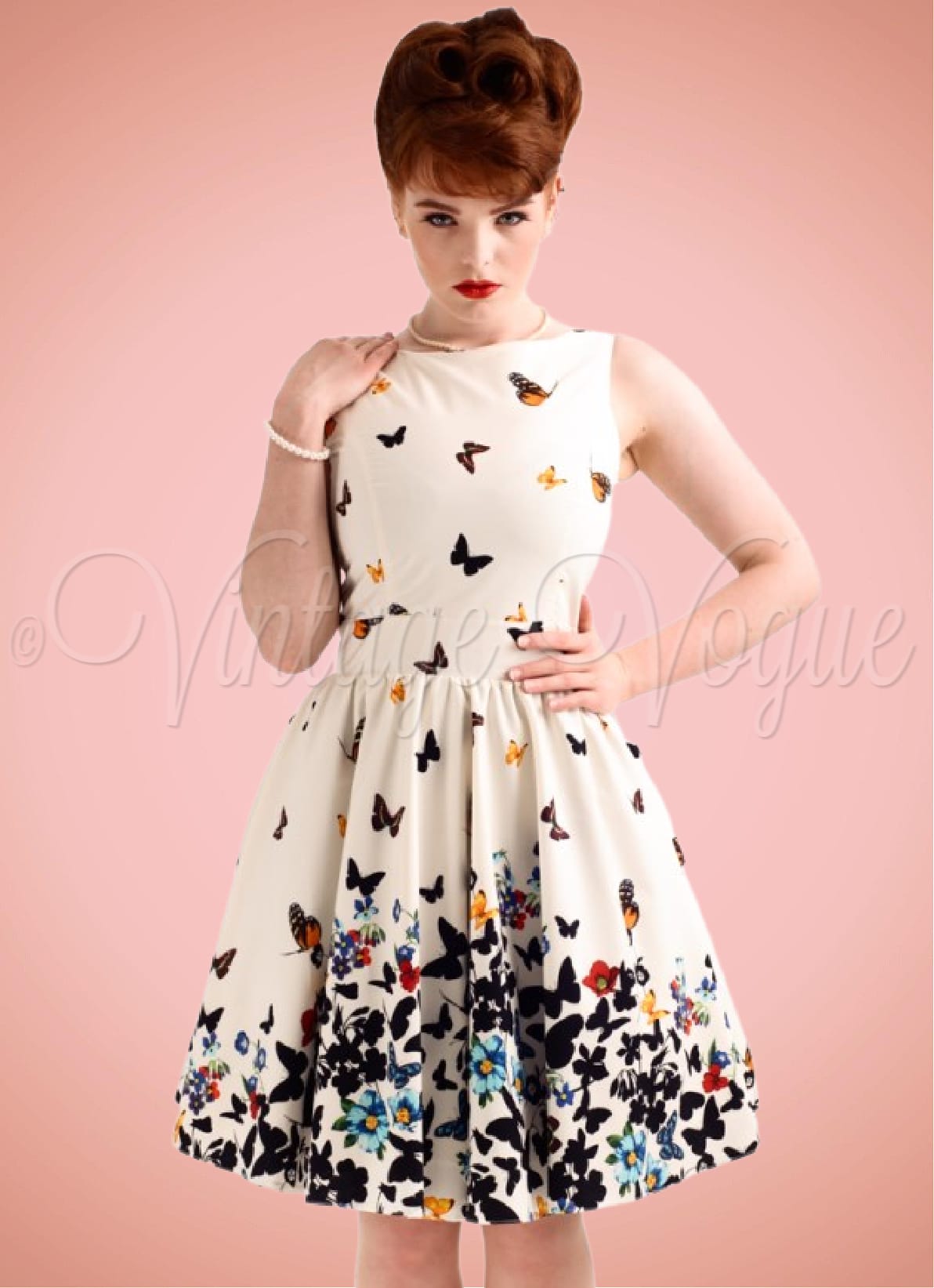 Lady Vintage 50 s Retro Schmetterlinge Swing Kleid Butterfly Border Tea Dress in WeiB