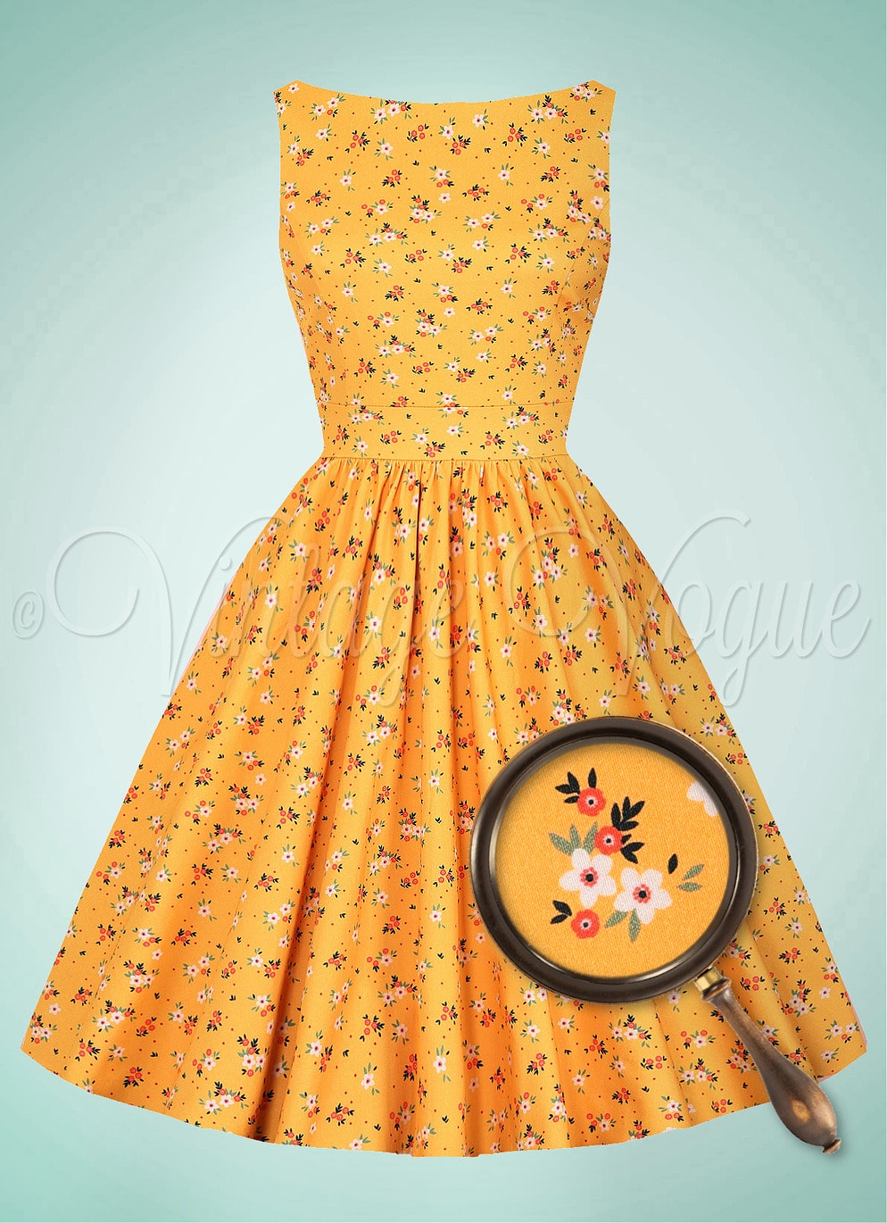 Lady Vintage 50's Retro Swing Floral Kleid Yellow Ditsy Tea Dress in Senfgelb 50er Jahre Petticoat Damenkleid Blumen Rosen Geblümt Hochzeitsgast Sommerkleid