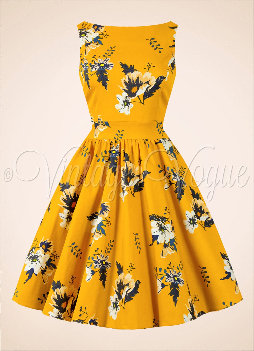 Lady Vintage 50's Retro Swing Petticoat Kleid Honey Tea Dress in Senfgelb Gelb 50er Jahre Petticoat Damenkleid Blumen Rosen Geblümt Hochzeitsgast Sommerkleid