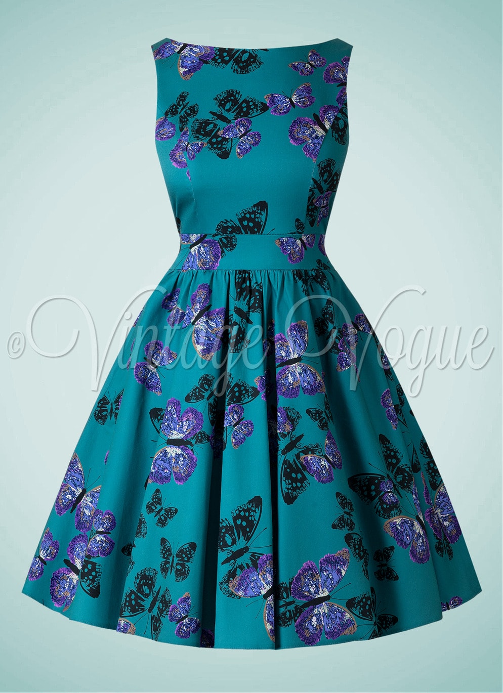 Lady Vintage 50's Retro Swing Schmetterlinge Kleid Butterfly Tea Dress in Petrol Türkis Blau 50er Jahre Petticoat Damenkleid Hochzeitsgast Elegant