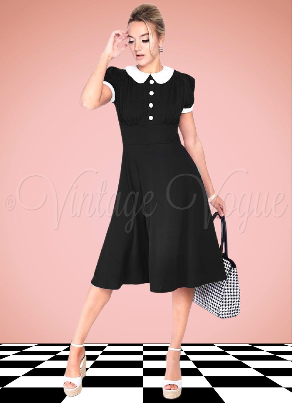 Voodoo Vixen 60er Jahre Retro A-Linie Kleid Wednesday Dress in Schwarz Weiß 60's 1960er Damenkleid Mod Twiggy DRA9532