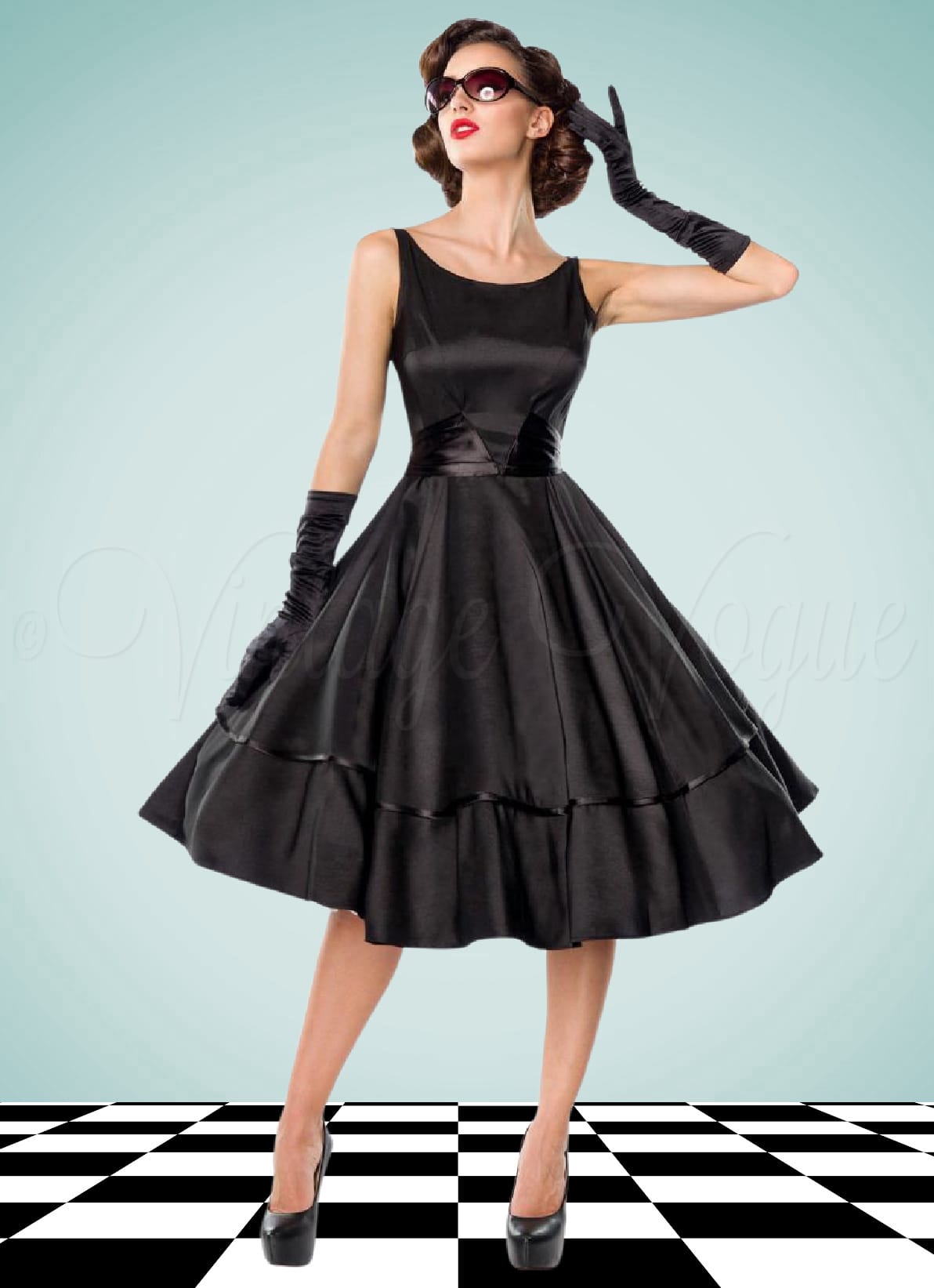 Belsira 50er Jahre Vintage Rockabilly Retro Pin Up Swing Satin Kleid in Schwarz Vintage Vogue