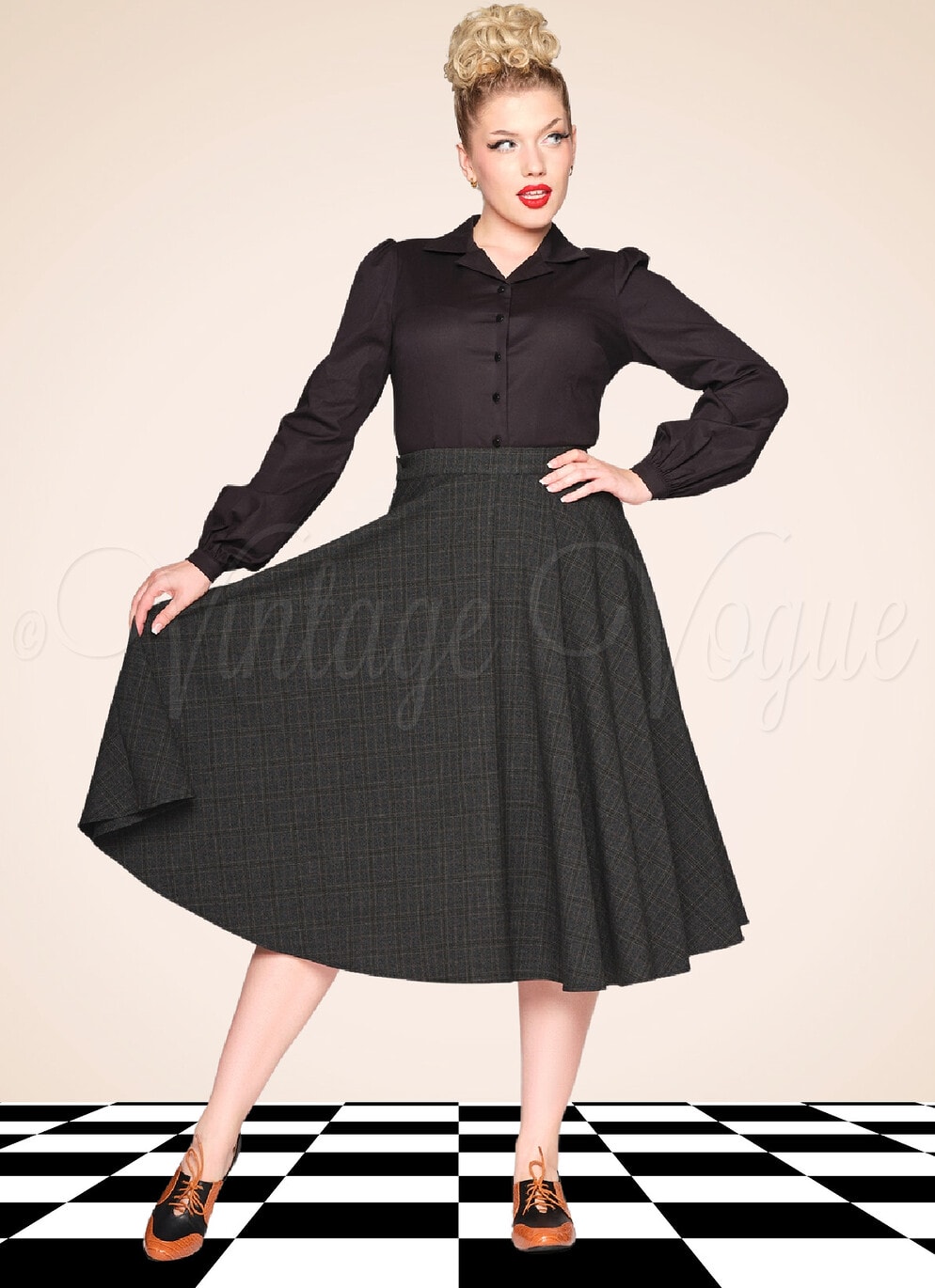 Collectif Vintage Academia Dandy Tartan Teller Rock Professor Check Skirt in Grau Braun Büro Office Business