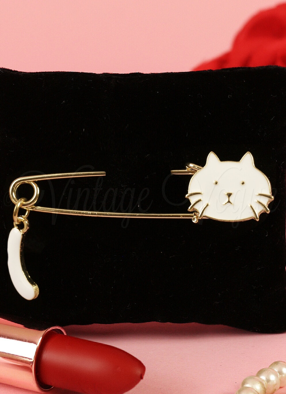 Oh so Retro! Vintage Katzen Brosche Cat Brooch Needle in Weiß