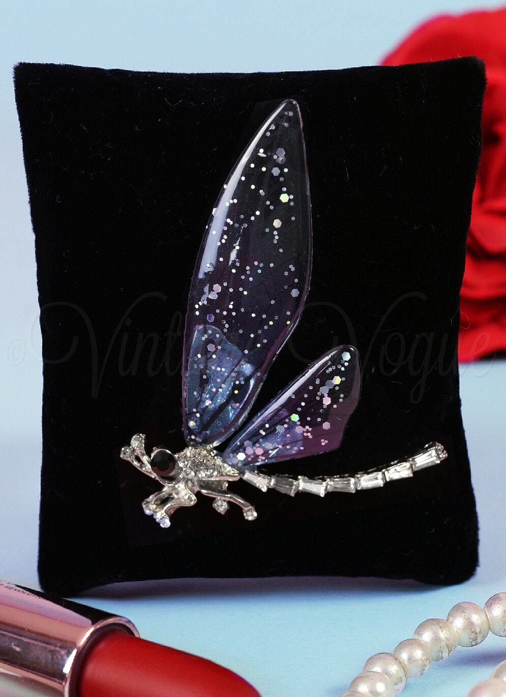 Oh so Retro! Vintage Libelle Brosche Dragonfly Transparent Brooch in Blau & Lila