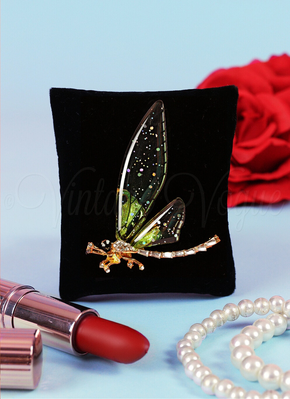 Oh so Retro! Vintage Libelle Brosche Dragonfly Transparent Brooch in Grün
